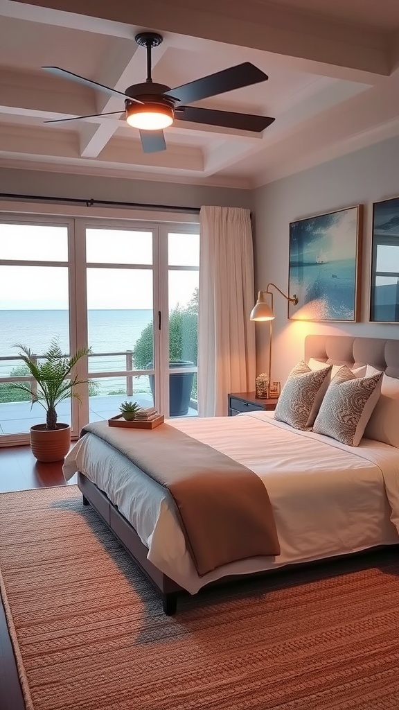 A modern coastal blue bedroom with a ceiling fan and stylish lamp