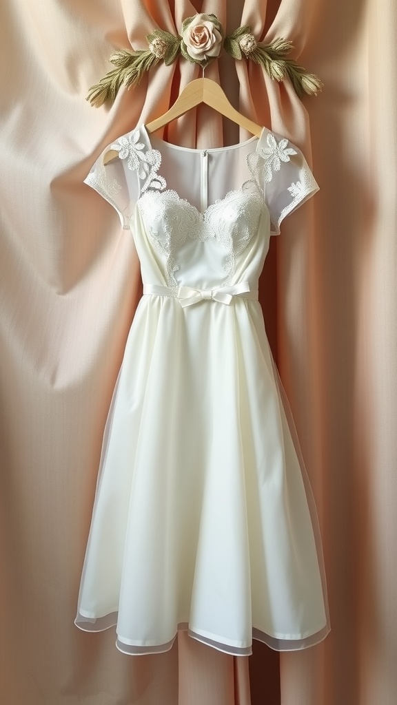 A delicate cap sleeve wedding dress hanging gracefully, featuring soft fabric and ribbons.
