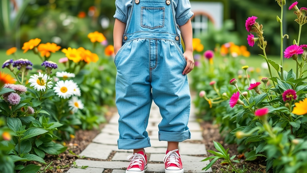 A person wearing denim overalls and canvas shoes standing in a garden full of colorful flowers.