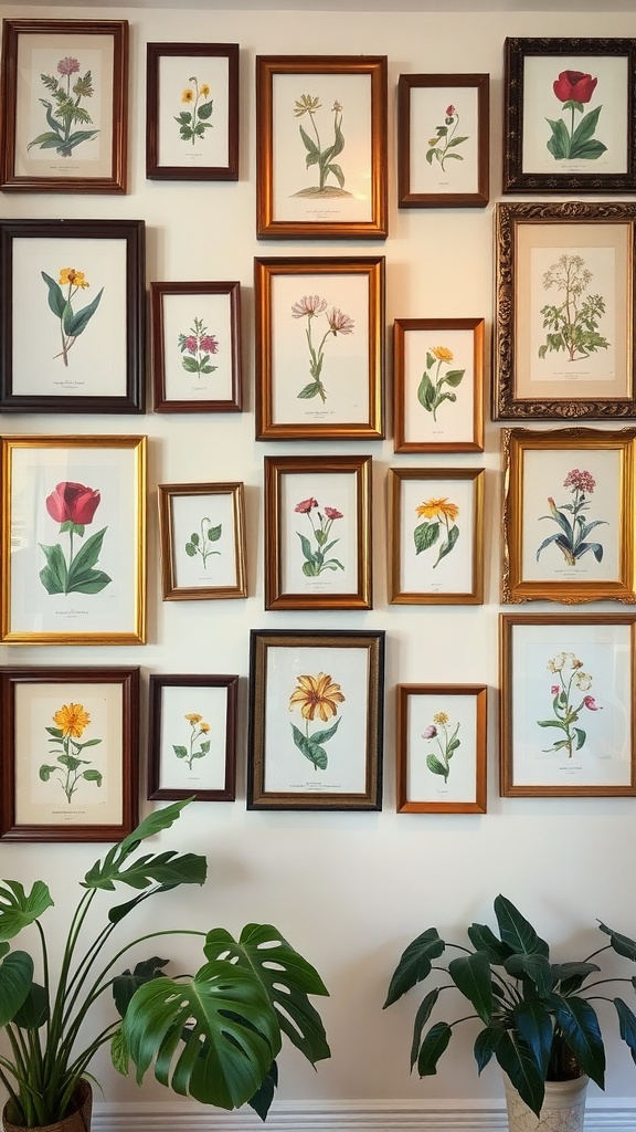 Wall display of botanical prints framed in various styles with plants in the foreground.