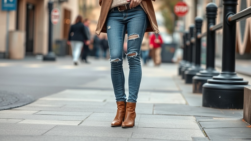 A person wearing distressed jeans and brown ankle boots, standing on a city sidewalk.