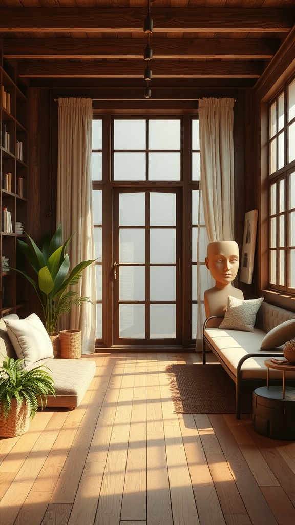 A cozy living room with earthy tones, wooden floors, and natural light.