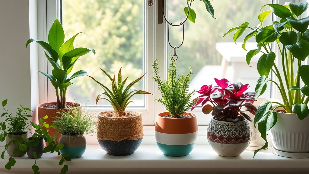 A variety of eco-friendly planters with different plants on a window sill.