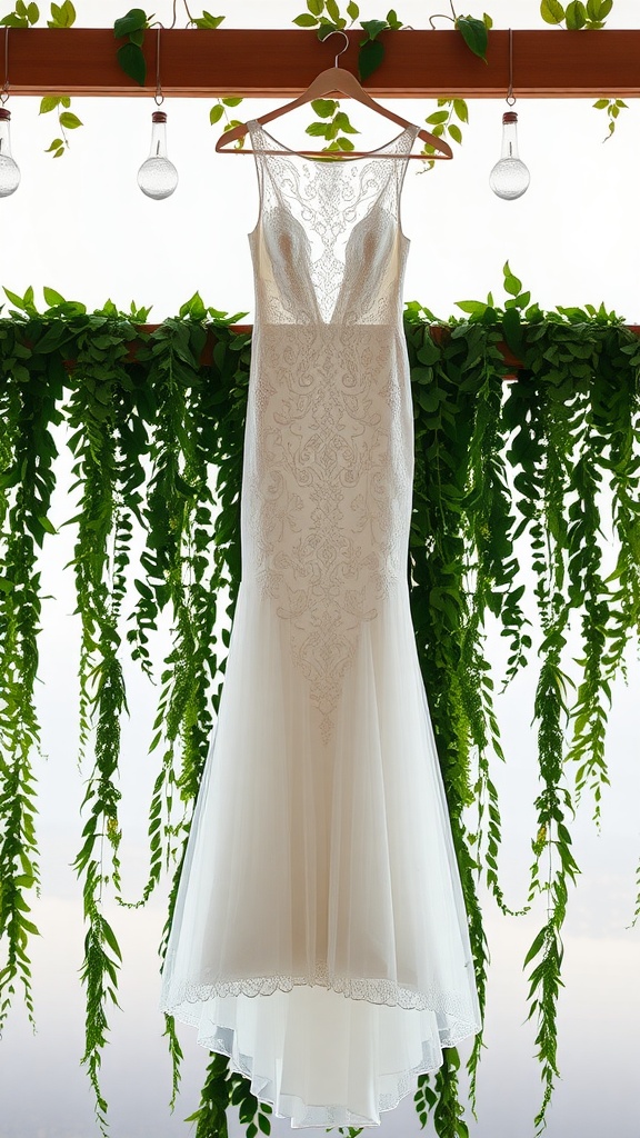 A beautiful high-neck lace wedding dress hanging with greenery in the background.