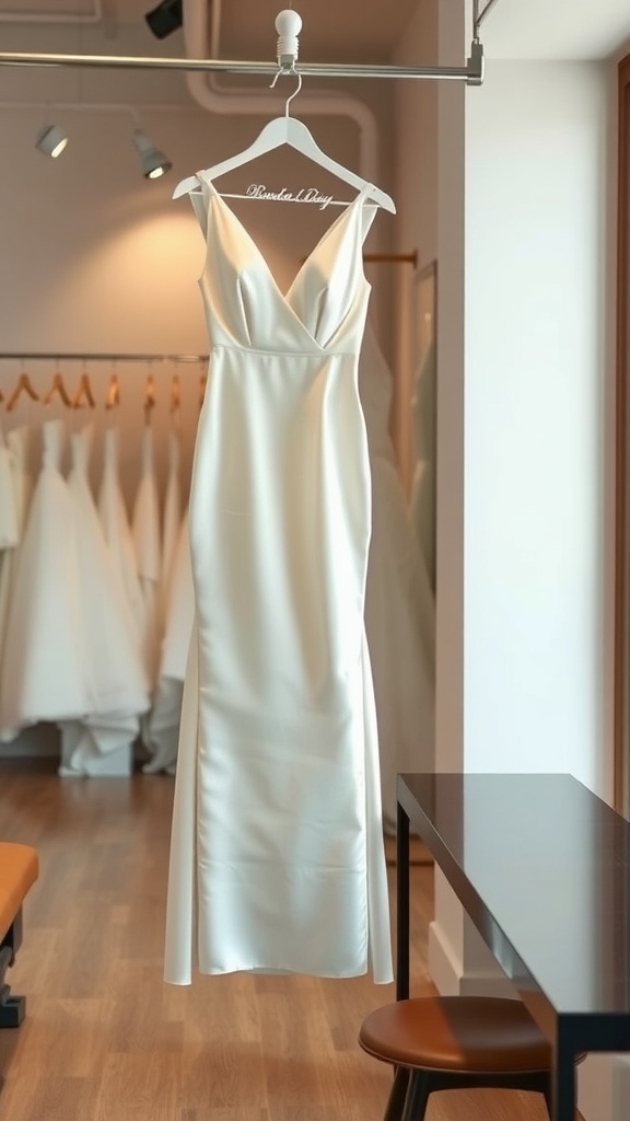 A beautiful satin sheath wedding dress hanging on a display