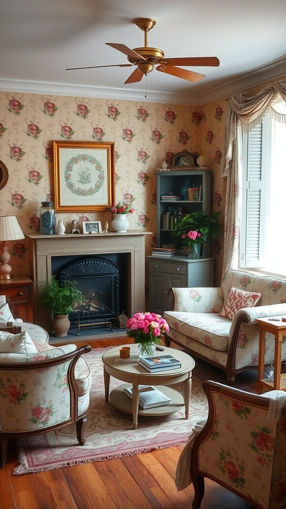 A cozy living room featuring vintage furniture, floral patterns, and warm wood accents.