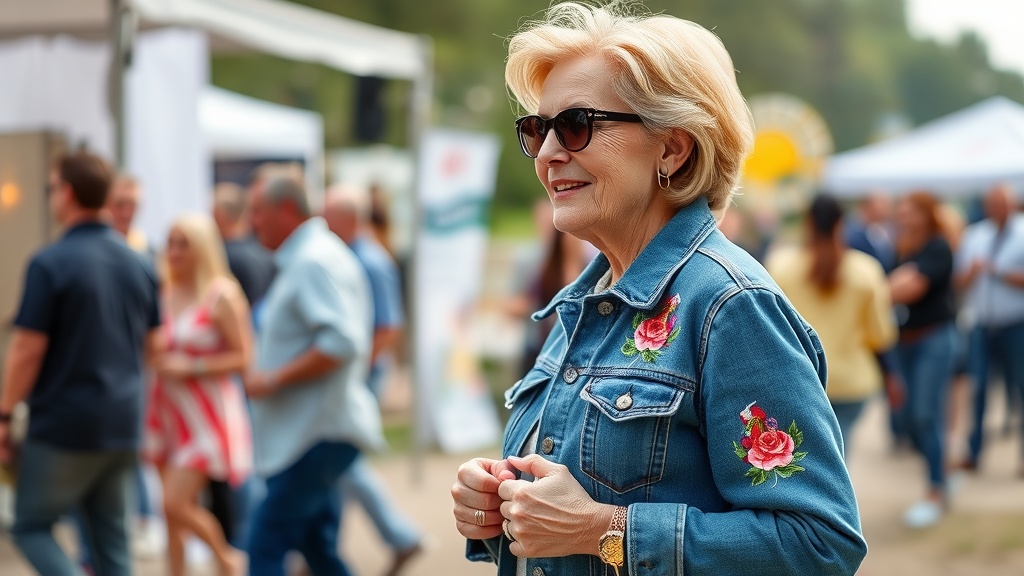 A stylish woman in an embroidered denim jacket, enjoying an outdoor event.