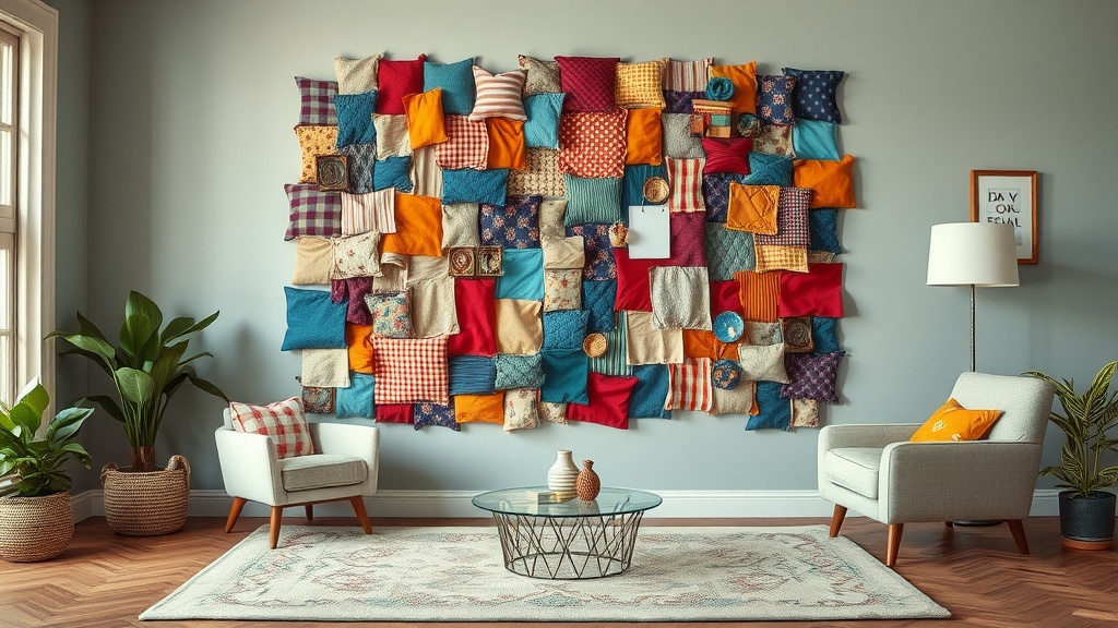 Colorful wall art made from various fabric scraps, with a cozy living room setup.