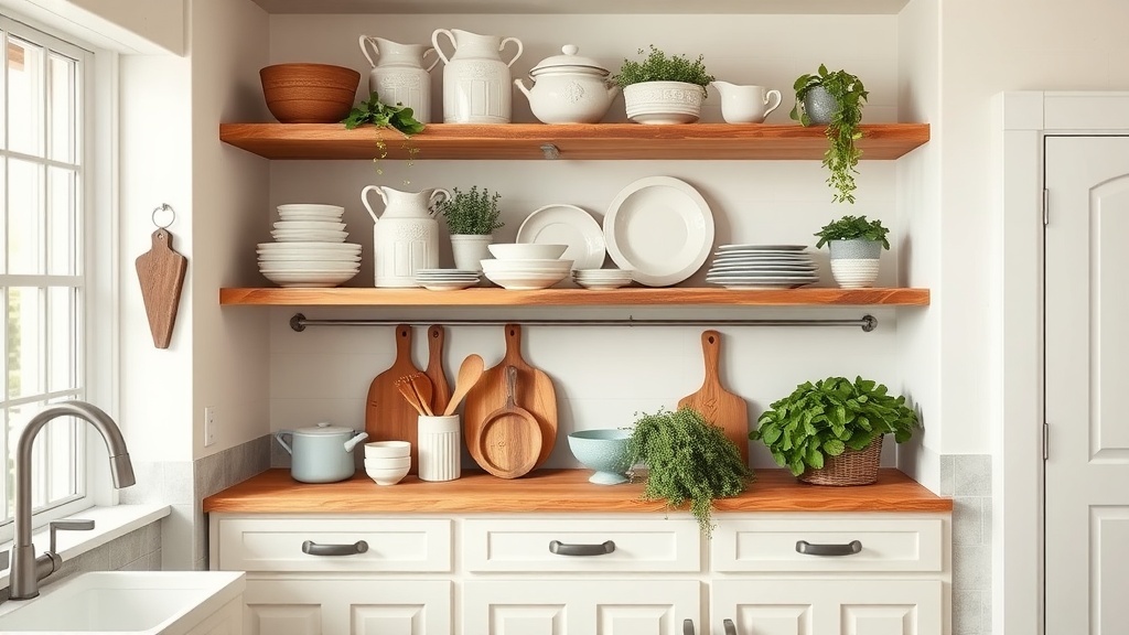 Beautiful farmhouse-style kitchen shelving with dishes and plants