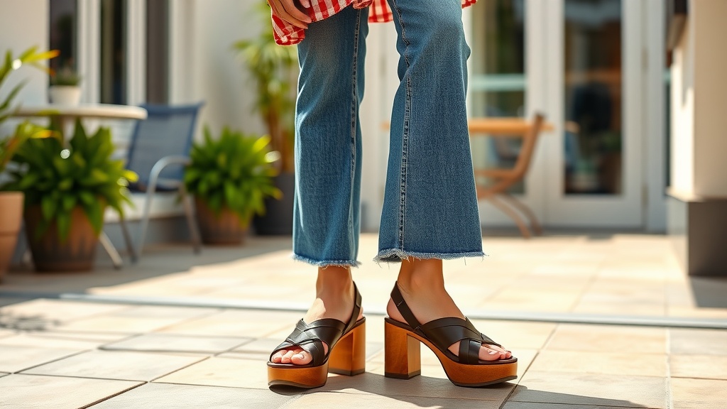 Flared jeans paired with black platform sandals.