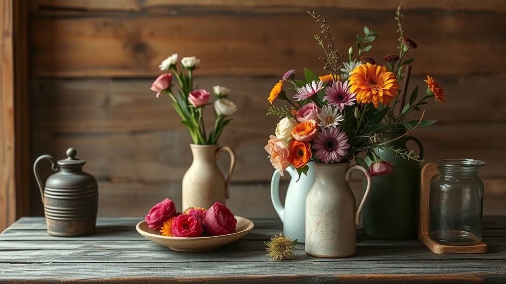 Colorful floral arrangements in various old jugs on a wooden table.