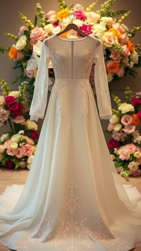 Floral embroidered long sleeve wedding dress displayed in front of a floral backdrop.