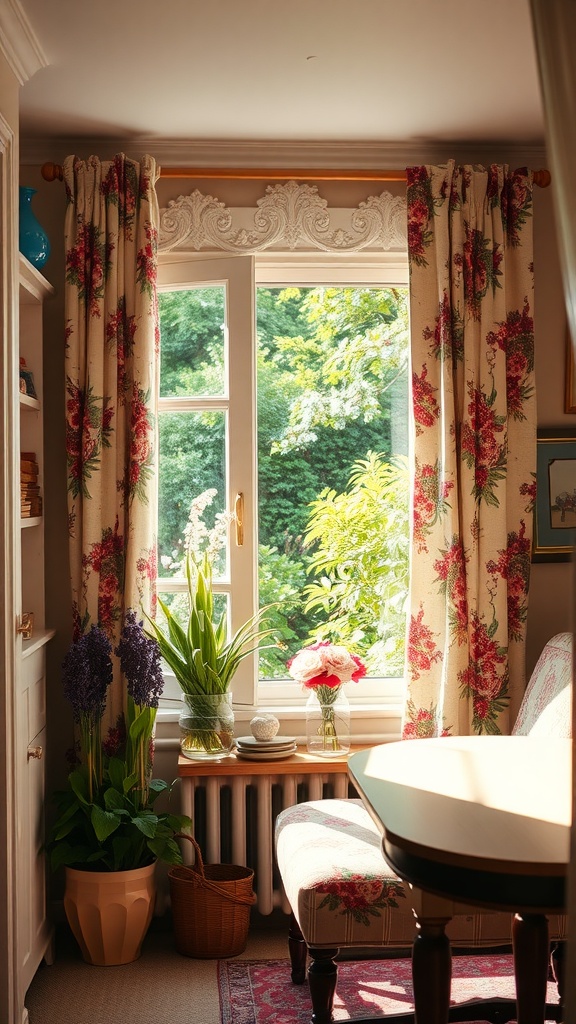 A cozy room with floral curtains, plants, and natural light.
