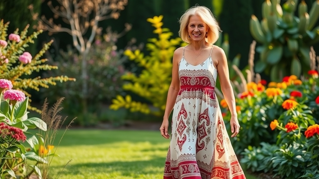 A woman wearing a flowing maxi dress with earthy prints, surrounded by colorful flowers in a garden.