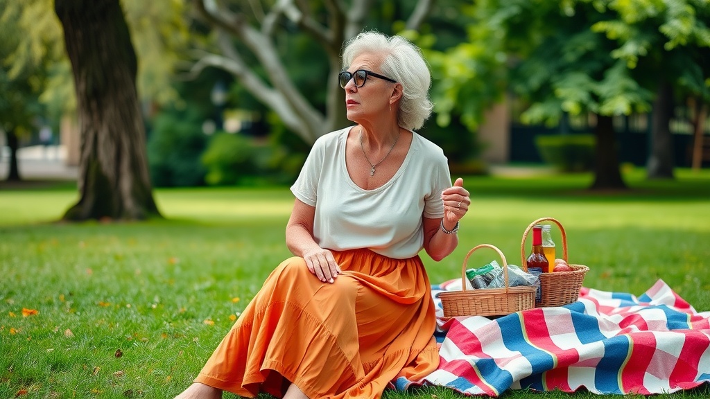 An older woman sitting on a bench in a park, wearing a flowy skirt and a casual top, smiling and enjoying a snack.