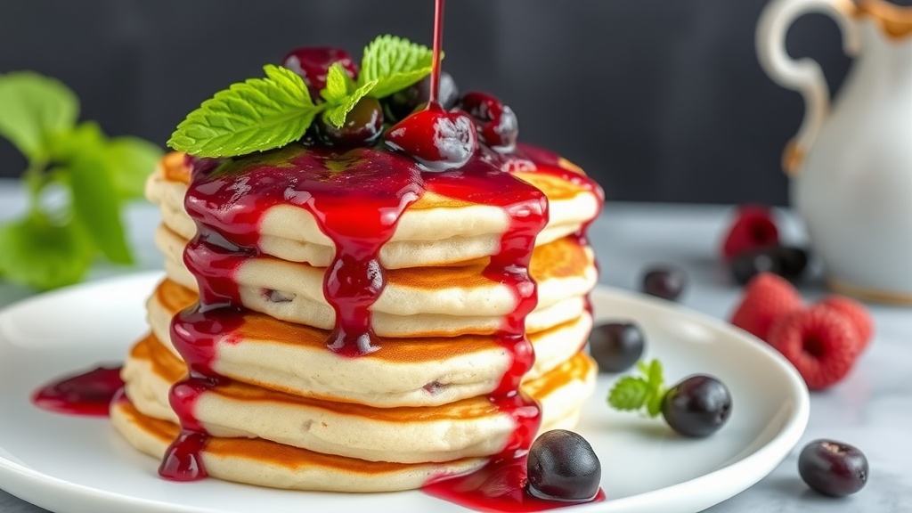 Fluffy keto pancakes topped with berry compote and mint leaves.