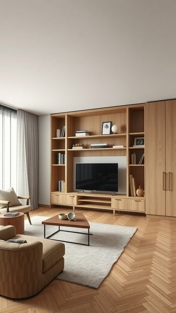 A stylish living room with wooden furniture and a modern TV unit.