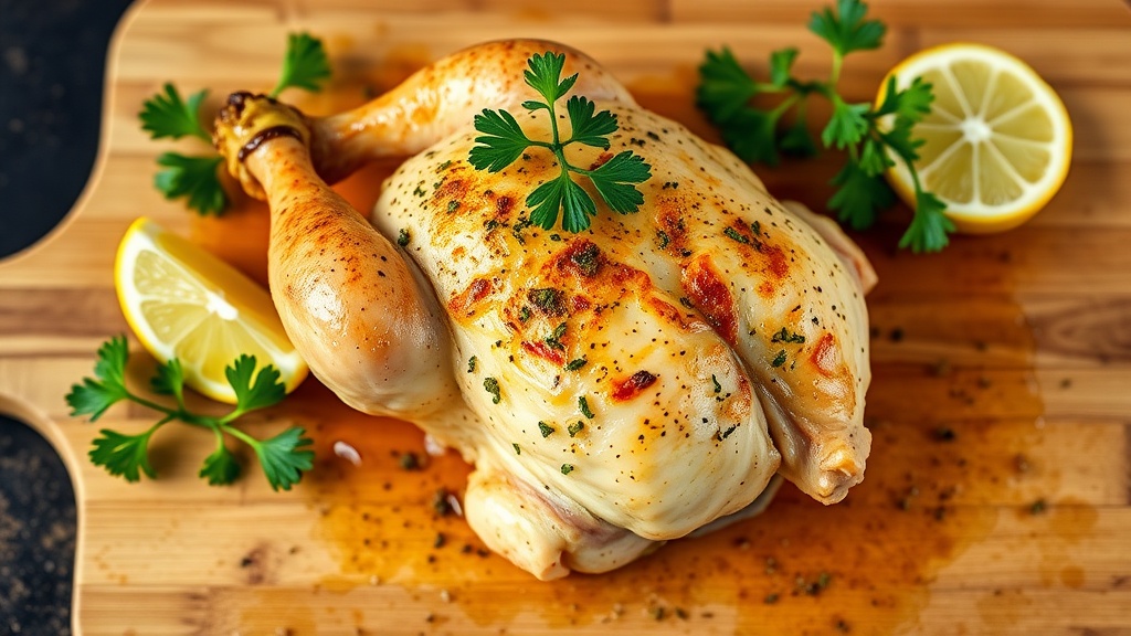 Roasted chicken garnished with parsley and lemon slices on a wooden board.