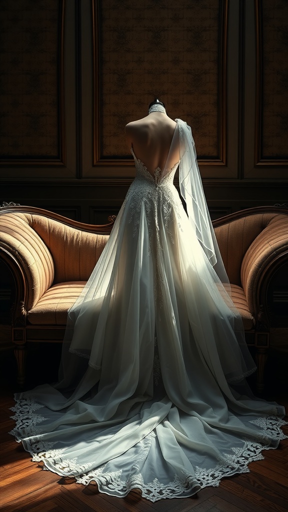 A beautiful backless wedding dress with intricate details and a flowing train.
