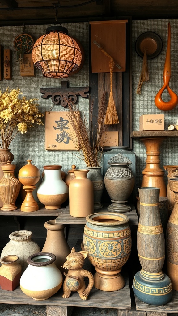 A variety of handcrafted pottery and decorative elements displayed on shelves.