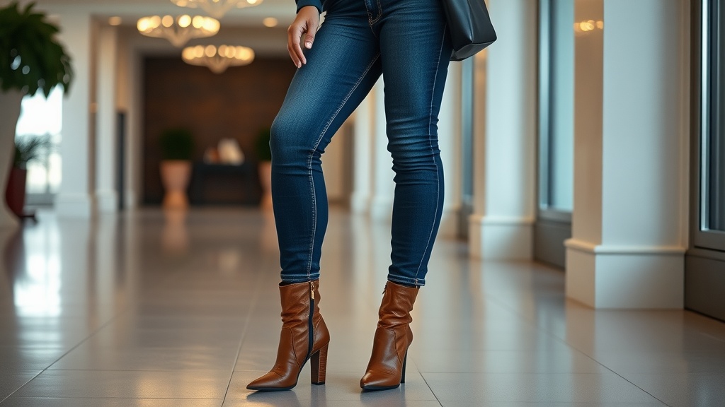 A close-up view of a person wearing high-waisted jeans and heeled booties.