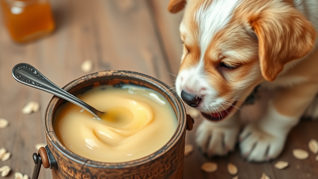 A curious puppy looking at a bowl of honey and oatmeal mix.