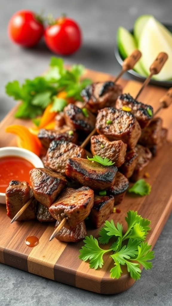 Grilled honey garlic beef skewers on a wooden board with fresh herbs and dipping sauce
