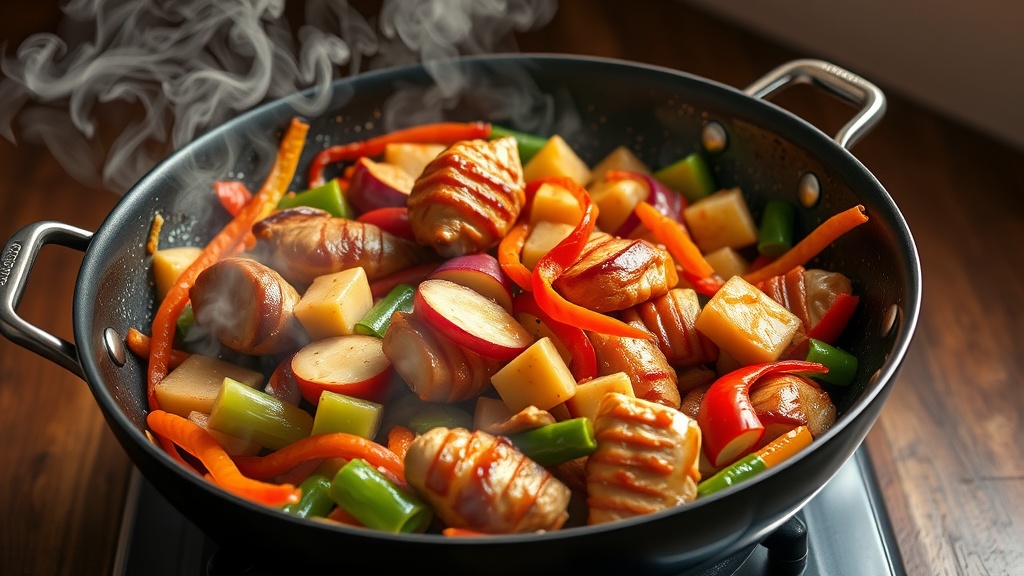 A sizzling honey garlic chicken stir-fry with colorful vegetables in a black pan