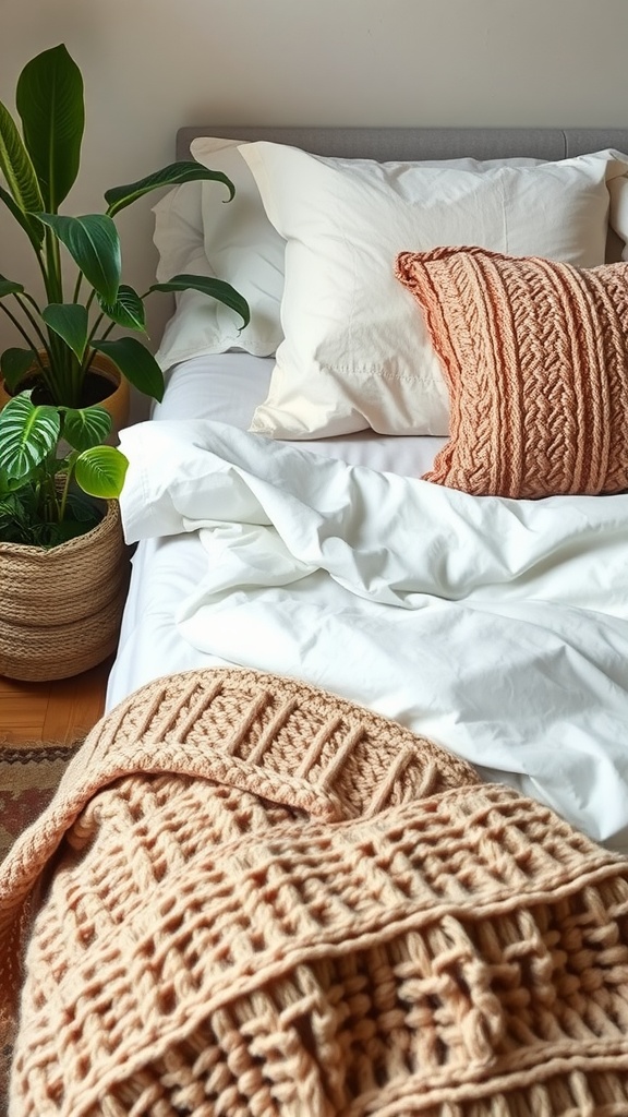A cozy bed with natural textiles, including a knitted blanket and soft pillows, alongside a leafy plant.