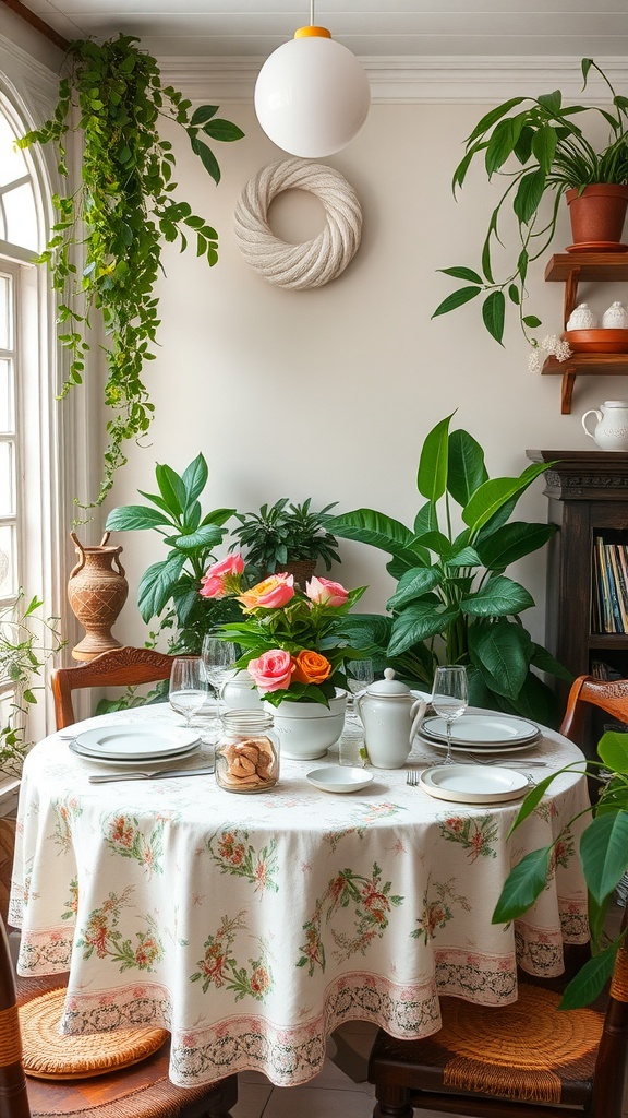 A cozy dining area featuring a vintage tablecloth, flowers, and greenery, embodying the cottagecore style.