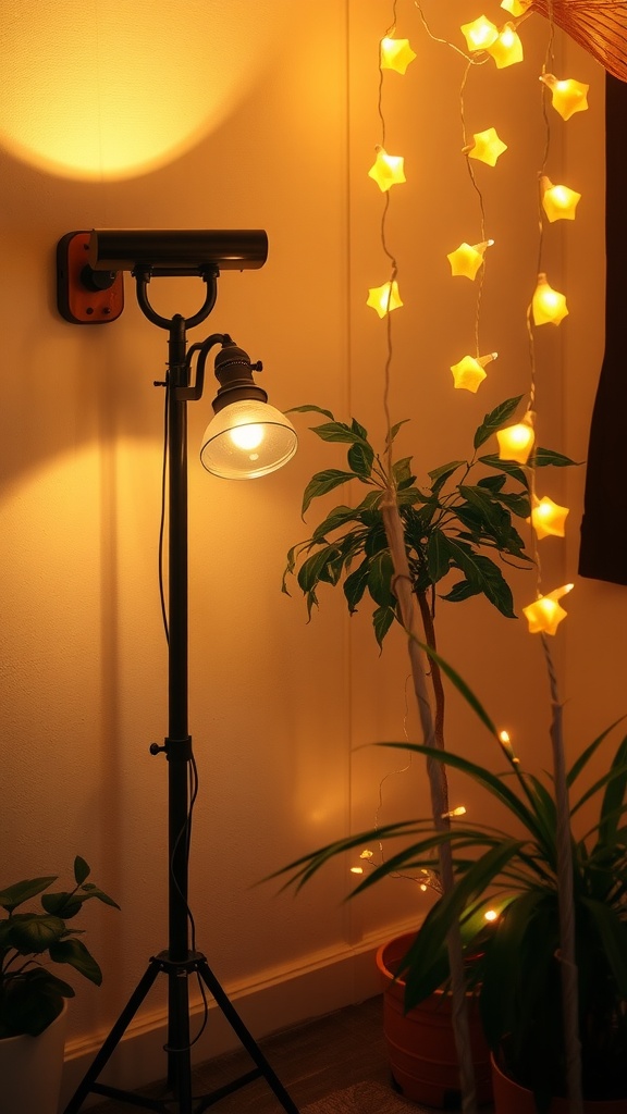 A cozy room with warm lighting and decorative star-shaped lights.
