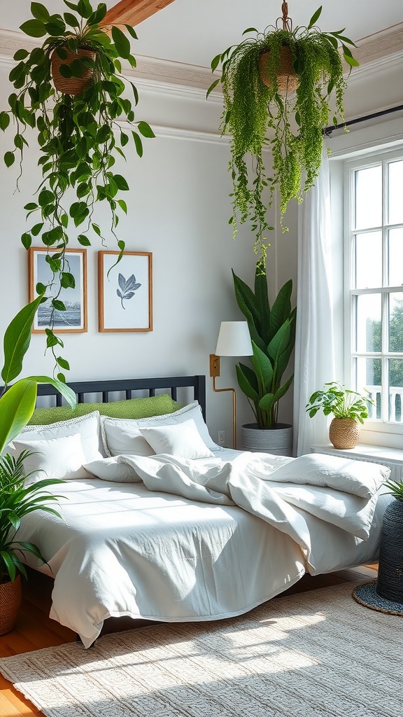 A modern bedroom with indoor plants, featuring a bed with white linens, potted plants, and hanging greenery.