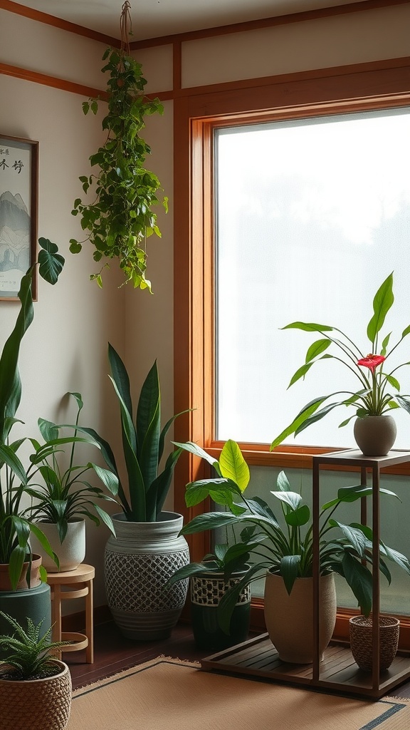 A cozy indoor space decorated with various indoor plants, including hanging plants and potted greens, beside a window.
