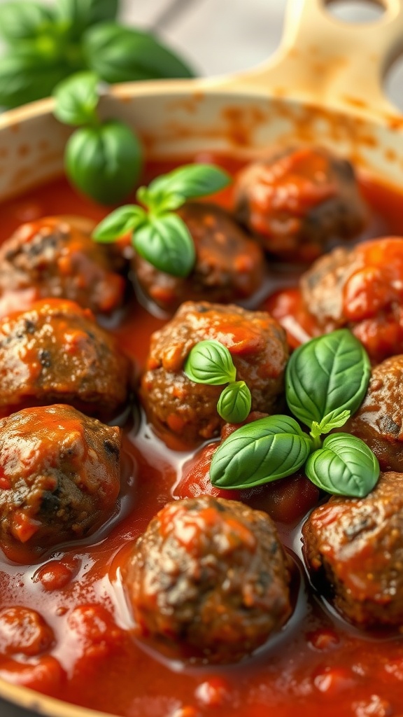A pan filled with Italian beef meatballs in marinara sauce garnished with fresh basil.