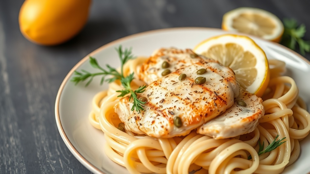 Plate of Italian Chicken Piccata with pasta, lemon slices, and herbs.