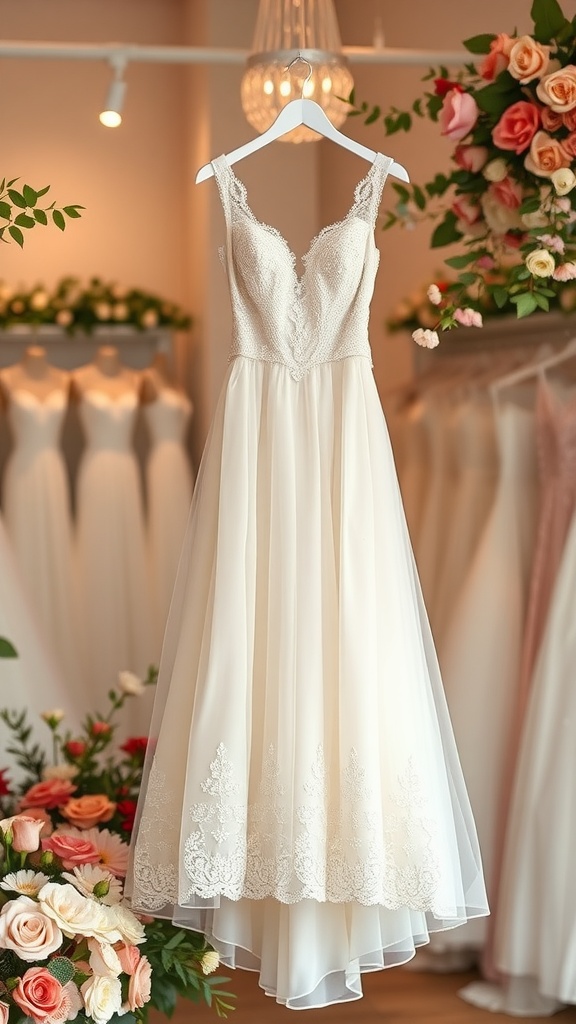 Lace-trimmed A-line wedding dress displayed in a bridal shop