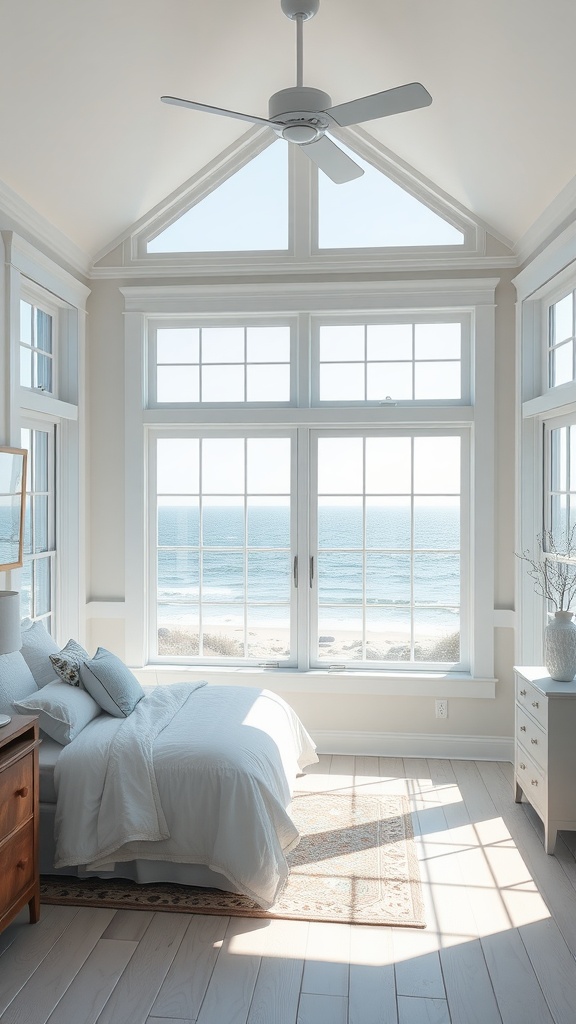 A modern bedroom with large windows overlooking the beach.