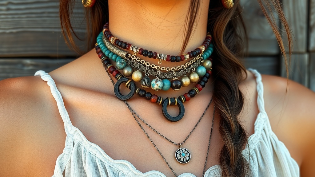 Close-up of layered bohemian jewelry with colorful beads and chains.