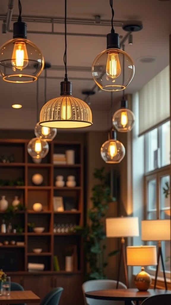 A stylish interior with various hanging lights and lamps creating a warm atmosphere.