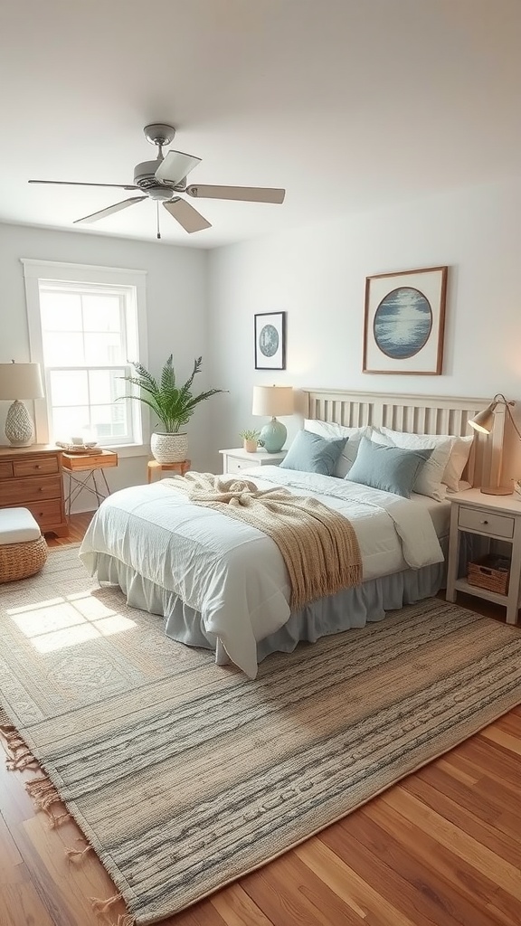 Coastal blue modern bedroom with layered rugs and soft decor.