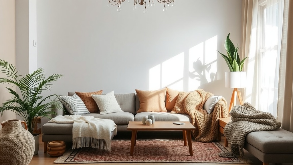 Cozy living room with layered textures, including blankets, pillows, and plants.