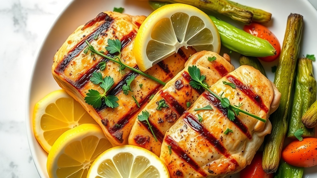 Grilled chicken breast garnished with lemon slices and fresh herbs, served with colorful vegetables.