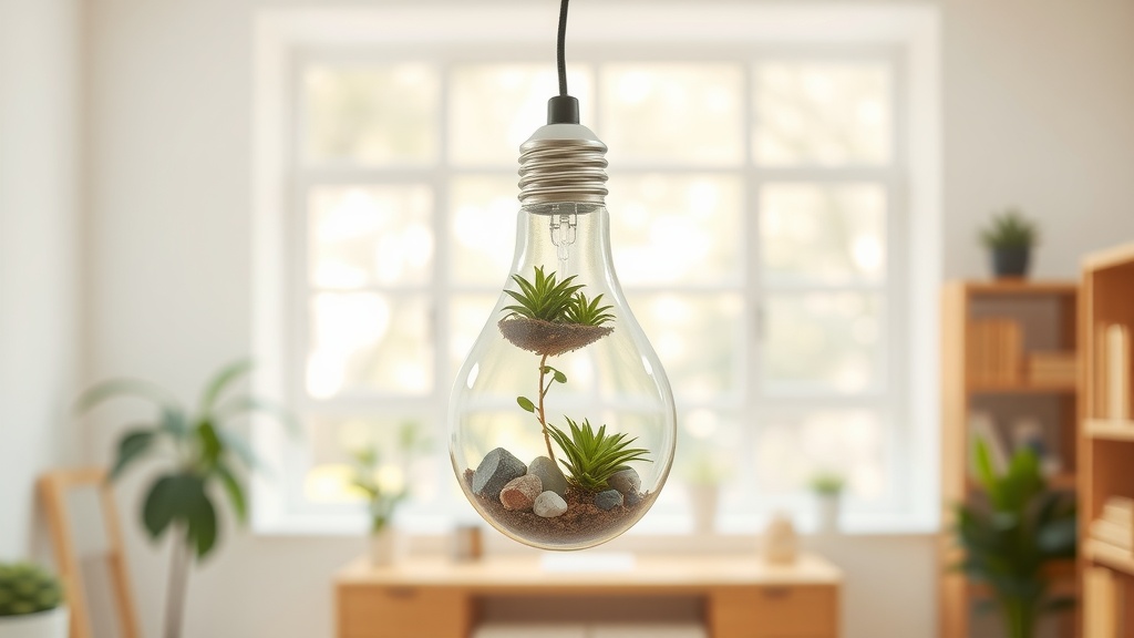 A lightbulb turned into a terrarium with small plants and rocks, hanging in a bright room.