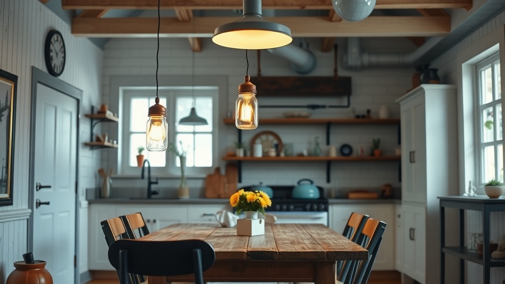 A cozy kitchen with mason jar pendant lights hanging above a wooden dining table.