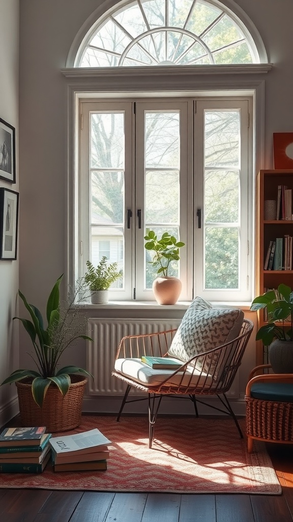 A serene reading nook with a chair by a window, surrounded by plants and books.
