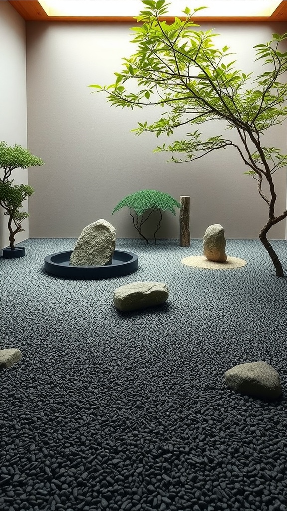 A minimalist Japanese garden featuring stones and greenery for a tranquil atmosphere.