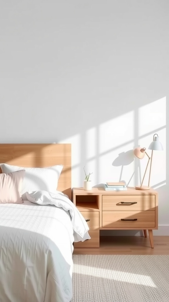 A modern bedroom featuring a minimalist nightstand next to a bed with a white comforter.