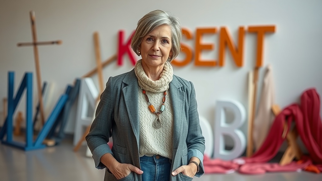 A stylish older woman in a textured outfit standing in front of colorful letters and draped fabrics.