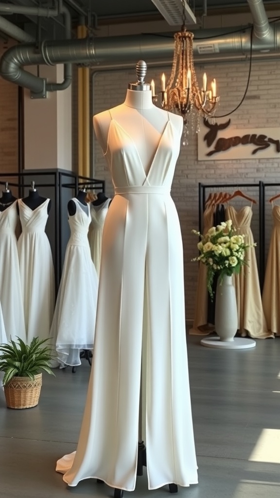 A modern white jumpsuit displayed on a mannequin in a bridal shop.