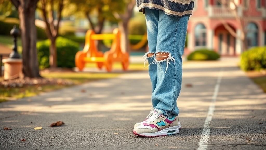 A close-up of a person wearing mom jeans and colorful retro sneakers, standing on a pathway in a park.